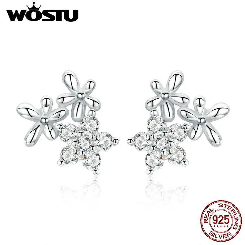 WOSTU, классический стиль, 925 пробы, серебряные серьги-гвоздики в виде цветка снежинки для женщин, маленькие свадебные серьги, роскошные ювелирные изделия FNE030