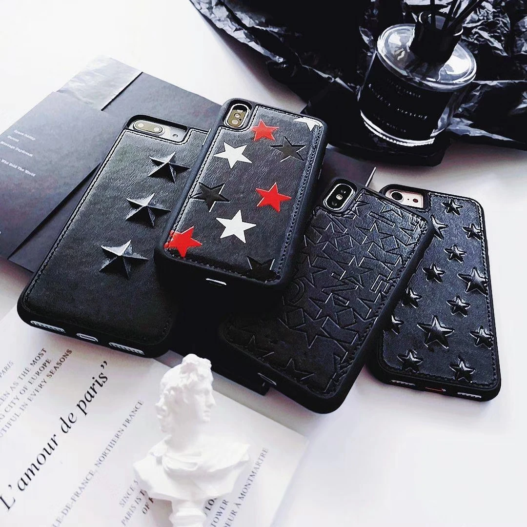 

Luxury Brand Stripe Rivet Pentagram Givency Case For iPhone X Xs Max Xr 7 8 Plus Genuine Leather with Logo Phone Cover