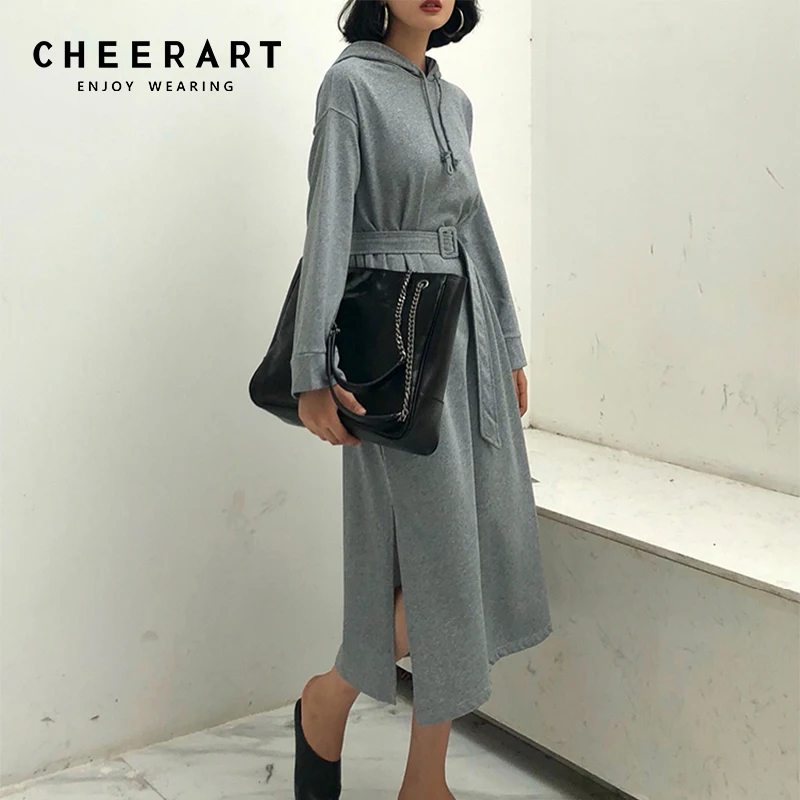 

Cheerart Long Midi Sweatshirt Dress Women Long Sleeve Hood Lace Up Split Dress With Belt Grey Korean Fashion Dress Spring 2019