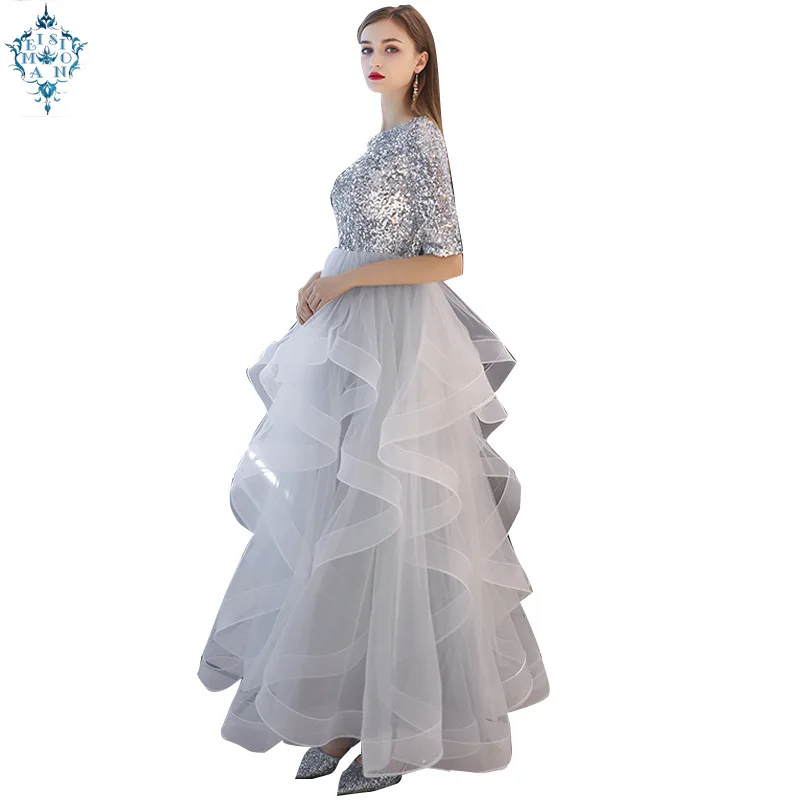 

Ameision Evening Dress 2019 Real Sequins Half Sleeve Tiered Hems Evening Gowns Gray Party Dresses robe de soiree