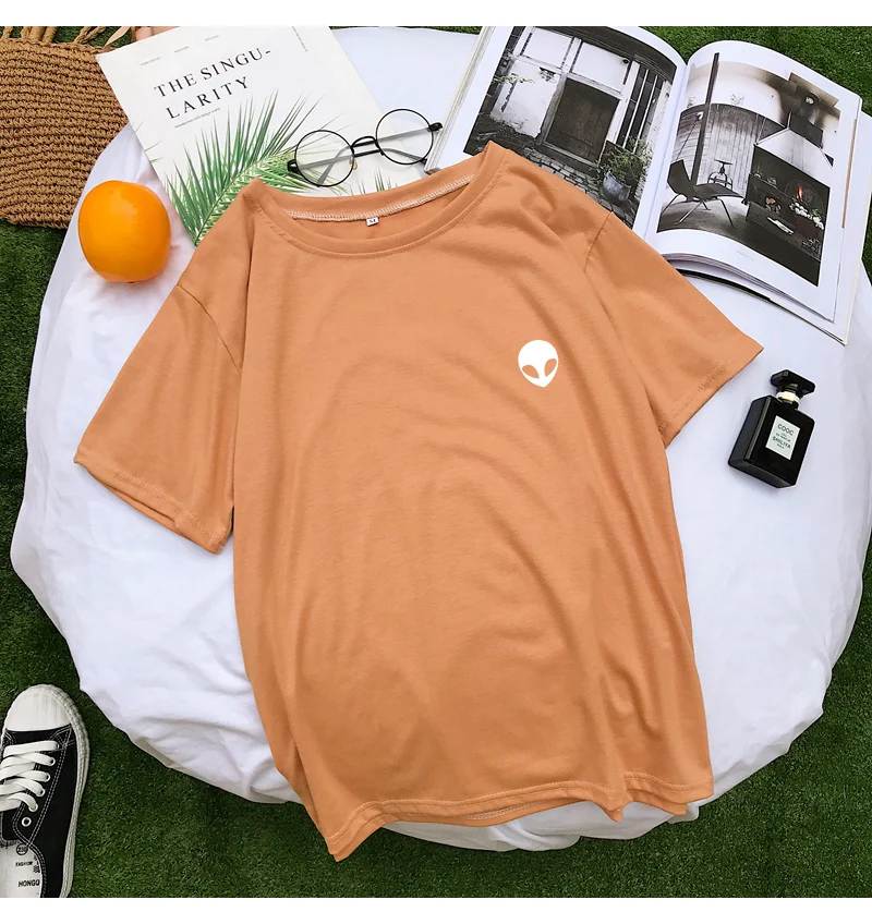 New Summer Tumblr Fashion Tshirt Women Cotton O-neck Short Sleeve Tops Harajuku Casual Kawaii Cartoon Alien Print Korean Clothes (10)
