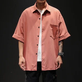 

Summer Half Sleeve Mens Shirts Loose Men Striped Shirt Turn-Down Collar M-5XL Shirts For Men