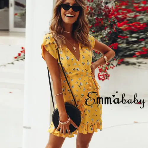 

Women Mini Dresses Bohemia V-neck Short Sleeve Floral Print Ethnic Summer Beach Female Split Stylish Style Dress