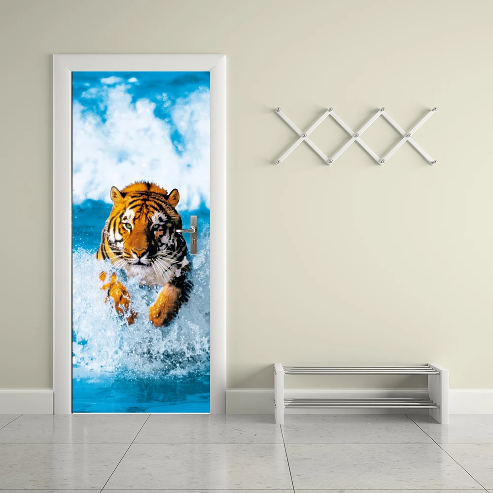 Креативные 3D Тигр Бег из море, настенные стикеры DIY настенные Спальня домашний Декор ПВХ Водонепроницаемый двери Стикеры