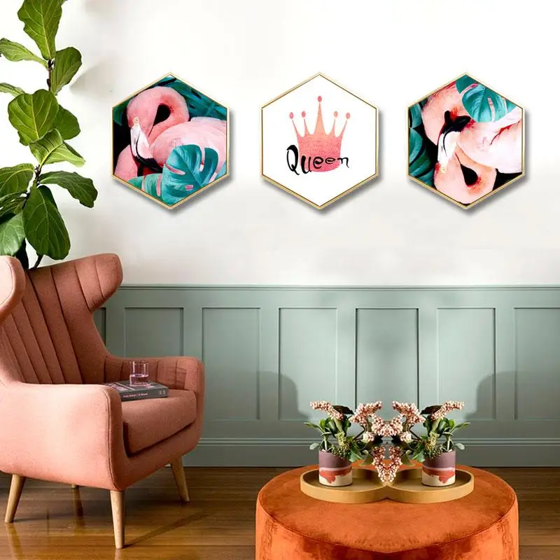 

Nordic style Entrance decoration painting hexagonal living room sofa wall painting color life Small fresh Love flamingo mural