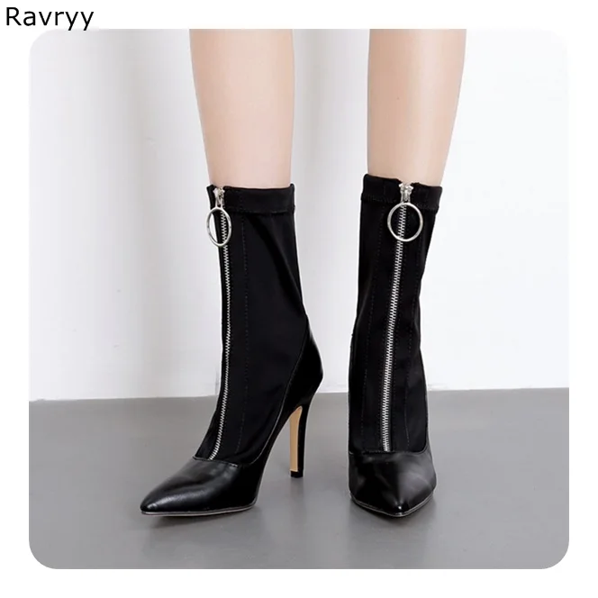 

Zipper Women short boots black suede leather patch work woman ankle boot thin heel pointed toe high heels autumn female shoes