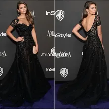 Черные Формальные платья знаменитостей А-силуэт Тюль с короткими рукавами бисером сексуальные длинные вечерние платья знаменитые платья для красной дорожки