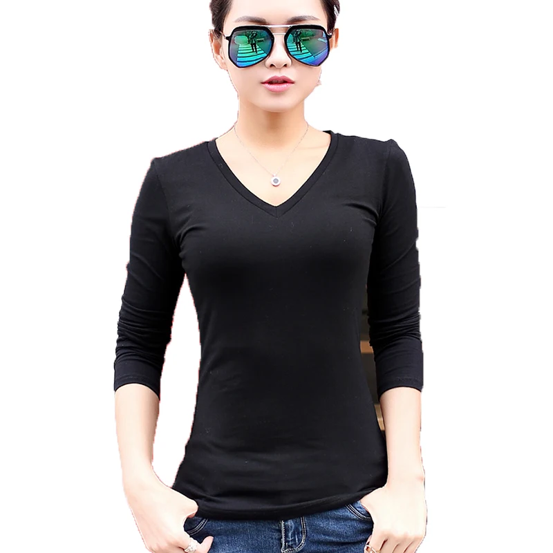 2016 Hot Girl Pure Cotton Slim Basic Black T shirt Low V ...