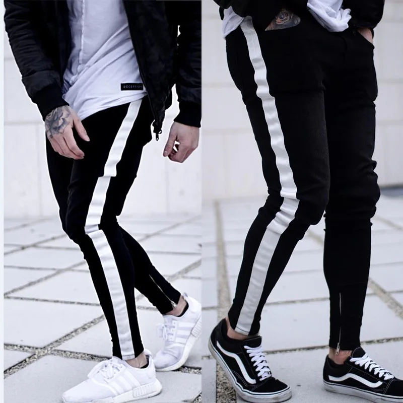 

New Men Jeans Pants Causal Biker Skinny Pencil Jean Male Side Stripe Splicing Stretch Black Close-Fitting Denim Trousers Homme