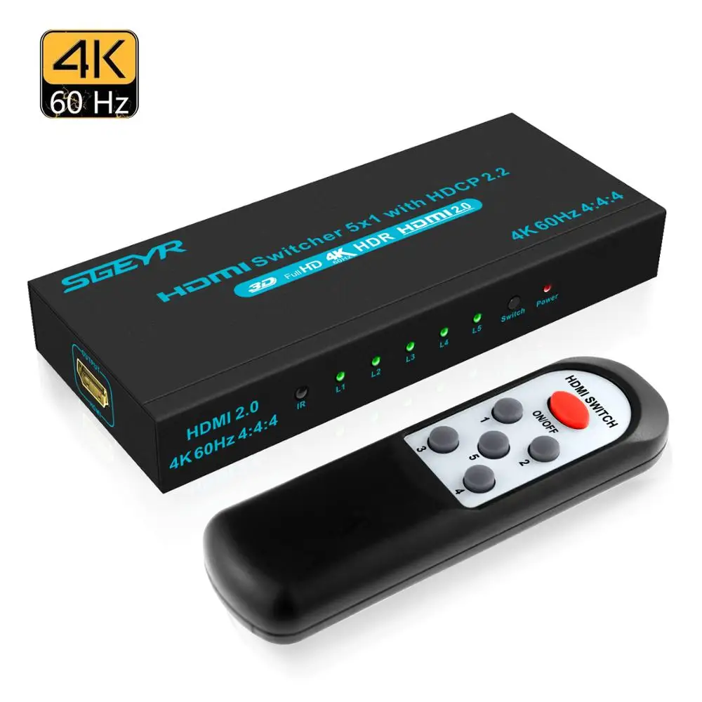 SGEYR 4K@ 60Hz 5x1 HDMI переключатель HDMI селектор переключатель 5 портов HDR ИК пульт 4K HDMI селектор коробка 5 в 1 выход автоматический переключатель HDMI коммутатор