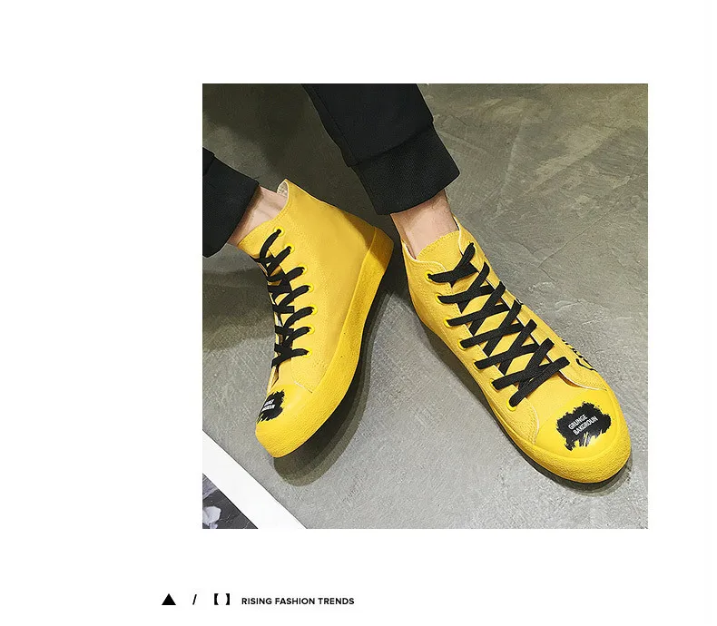 Ulzzang/мужская повседневная обувь; модные кроссовки в стиле хип-хоп на шнуровке; мужские высокие кеды; цвет желтый, белый; черные парусиновые туфли с надписями и граффити