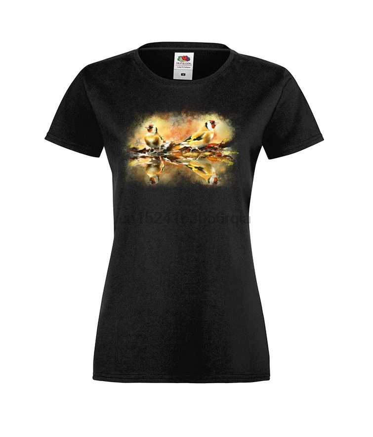 

Woman Ladys T-shirt original photo print of birds Goldfinches watercolor