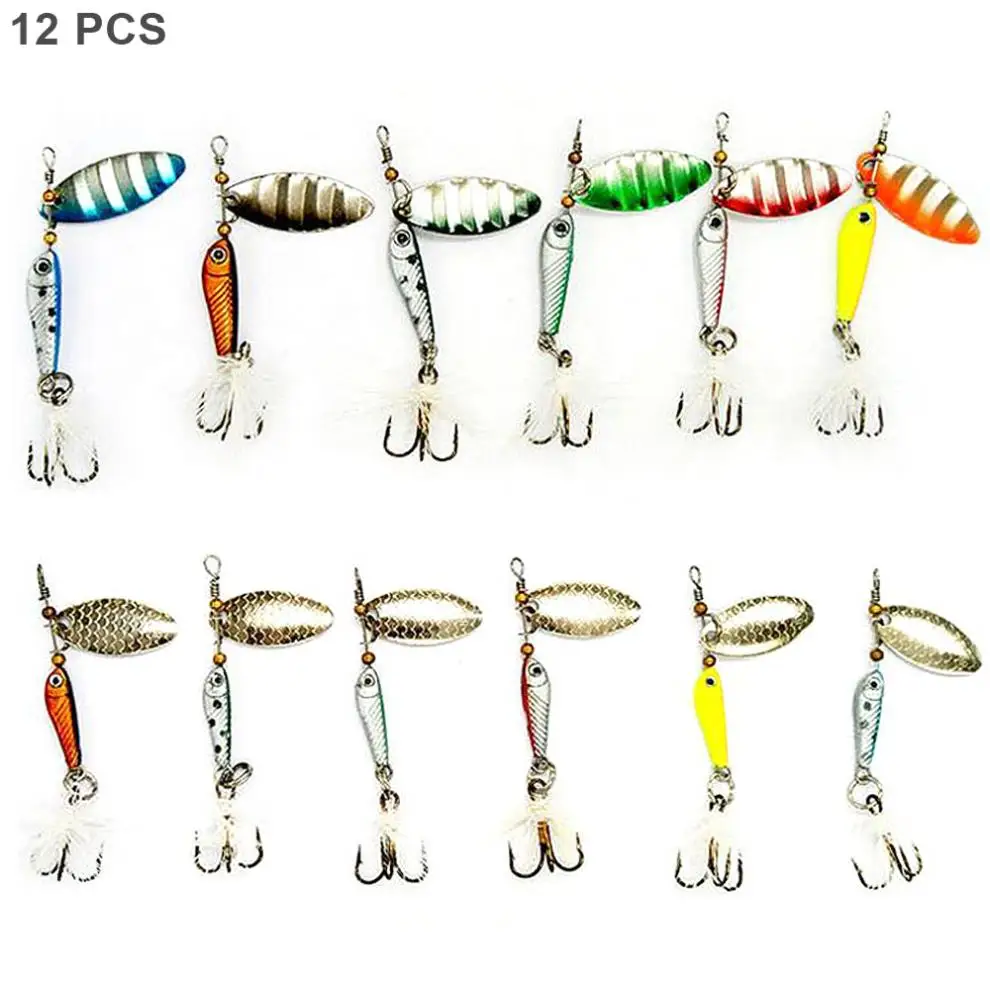 

12pcs/lot 5cm Colorful Anti-corrosion Wear-resistant Lead Fish Metal Spinnerbait Spoon Fishing Lure with Feather Treble Hooks