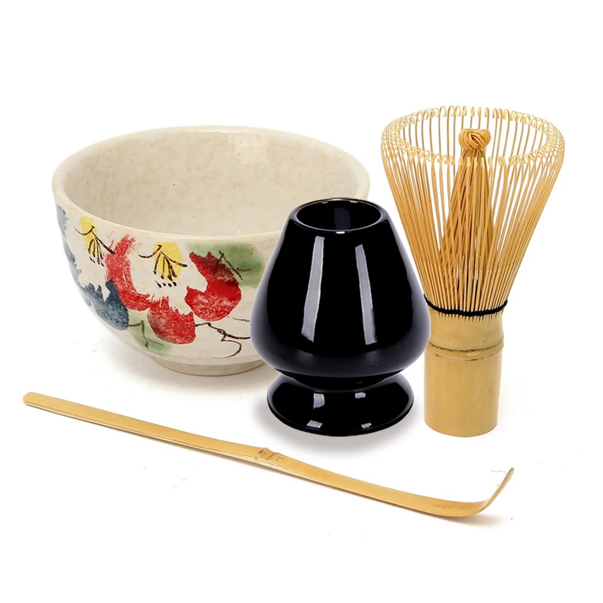 

4Pcs/Set Tea Service Bamboo Natural Matcha Green Tea Powder Whisk Scoop Ceramic Bowl Set Japanese Teaware Ceremony