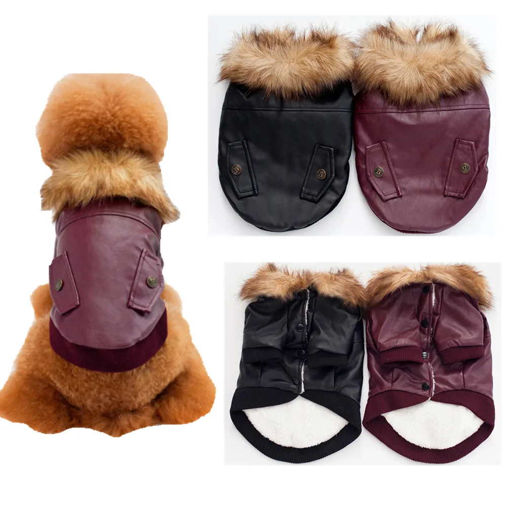P10 Fashion Pet Dog leather Jacket Clothes Winter Warm fur collar Teddy
