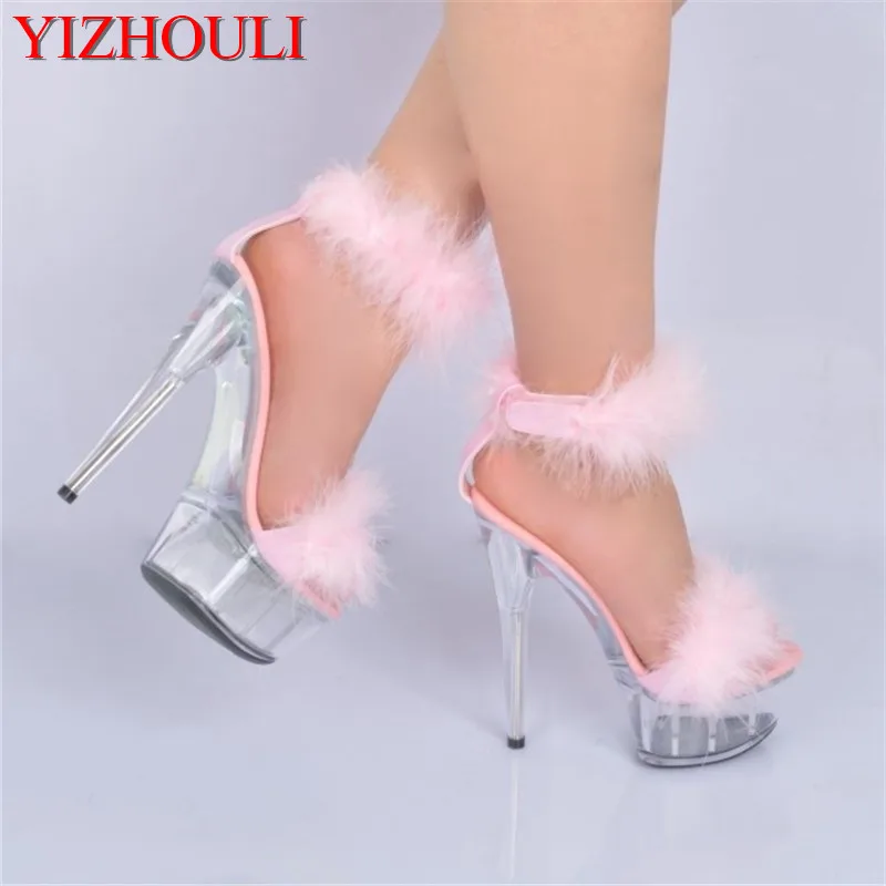 

6 inch Plus Size Crystal Ankle Strap 15CM Sexy Super High Heel shoes Platforms Pole Dance shoes white feather christmas sandals