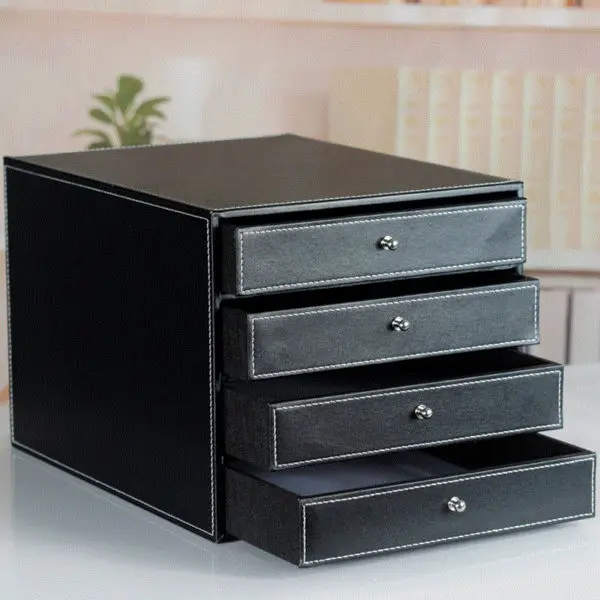 Office 4 Drawer Wooden Leather Desk A4 File Cabinet Drawer Box