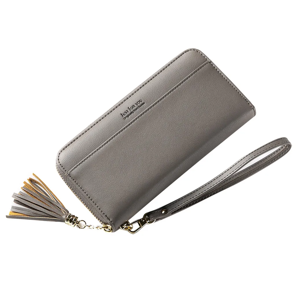Кожаный кошелек женский однотонный кошелек для кредитных карт Дамская кисточка браслет на запястье Длинный кошелек сумки для женщин