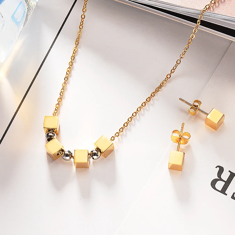 Bao Yan шик 316L из нержавеющей стали золотого и серебряного цвета Простой квадратный ожерелье с круглой подвеской, женские модные серьги ювелирный набор A5