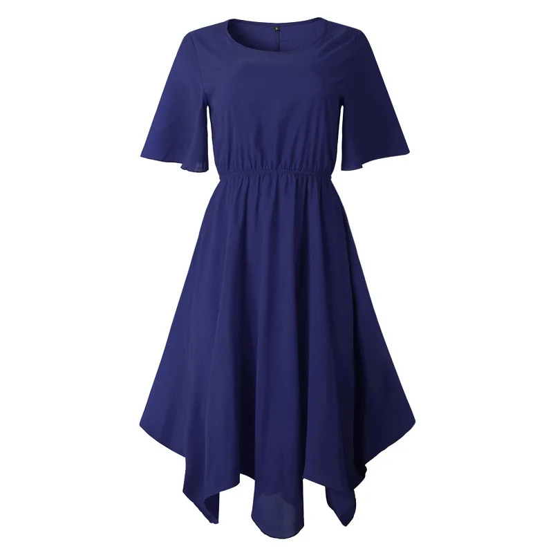 Повседневное женское необычное платье с эластичной резинкой на талии, короткий рукав, лето, Новые однотонные свободные платья средней длины, модные женские платья с круглым вырезом - Цвет: 1101003 Dark Blue