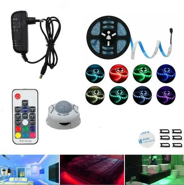 

Smart Turn ON OFF PIR Motion Sensor USB Port RGB LED Strip Light Flexiable lamp tape remote For Closet Stairs Kitchen Cabinet