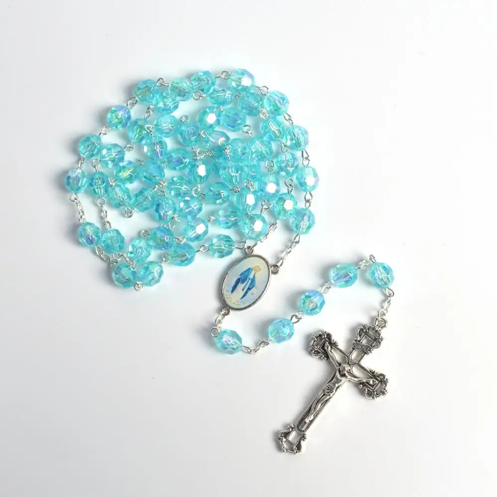 

Fashion Mary Center Religious Polygon Transparent Gradient Blue Rosary Necklace