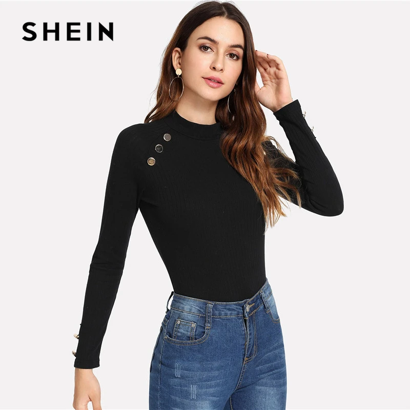 SHEIN Трикотажный Джемпер С Декоративными Пуговицами, Топ С Длинным Рукавом