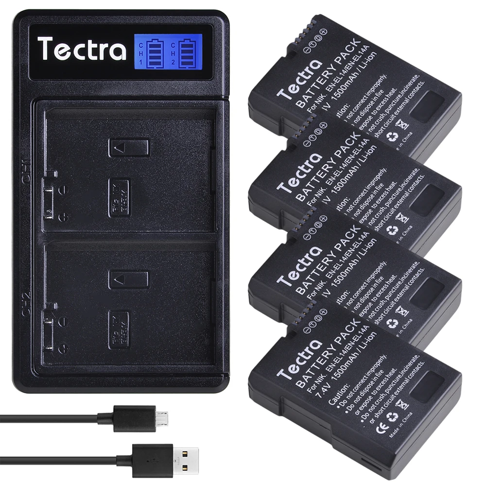 

4PCS 1500mAh EN-EL14 EN-EL14A ENEL14 Battery for Nikon D3100 D3200 D3300 D3400 D3500 D5600 D5100 D5200 P7000+LCD Dual Charger