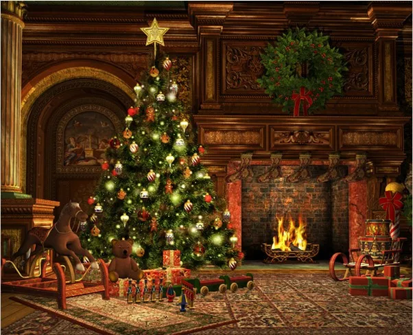 8x15FT Living Room Garland Carpet Rocking Horse Carpet Fireplace Christmas Tree Custom Photo