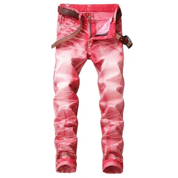 

Men Casual Jeans Fashion Colored Wash Straight Slim Pleated Biker Jean Pants Male Denim Trousers Brand Coated Plus Size 42