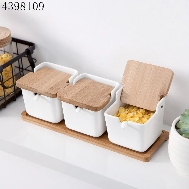 

Creative bamboo and wood ceramic seasoning jar set / home kitchen seasoning pot salt pepper bottle seasoning box three-piece