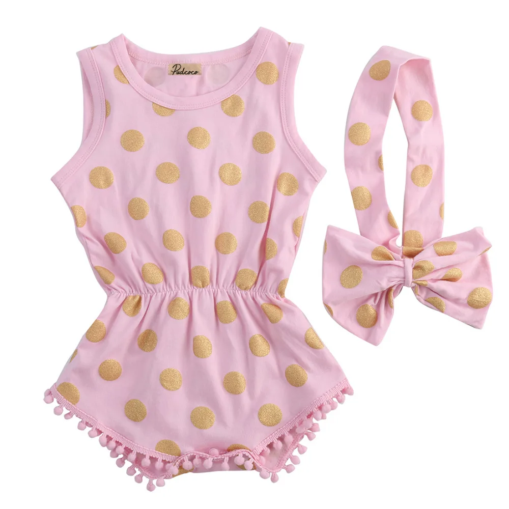 

Baby Girls Casual Jumpsuit Bodysuits Gold Dot Cotton Sleeveless Clothes Headband Outfits Set Baby Girl Clothing 3 - 24 Monthes