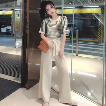 

Summer New Fashion Women Thin Casual Striped Knitted Tops +Wide leg Pant two-piece Set Female Fashion Clothing