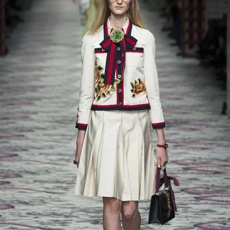 High Quality Runway Skirt Suits Women Bow Collar Flower Embroidery