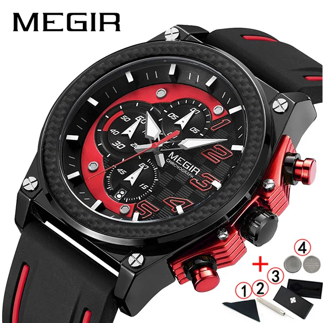 red with box Часы megir мужские роскошные Брендовые спортивные хронограф мужские наручные часы военные часы из силиконовой резины для мужчин Zegarek Meski - Цвет: red with box