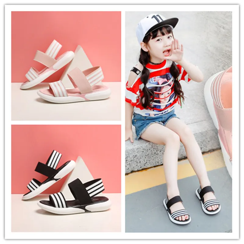 

Summer Girls Sandals Kids Beach Shoes School Girl Casual Shoes 2019 Fashion Children Striped Flat Sandals Pink Black Size 26-35