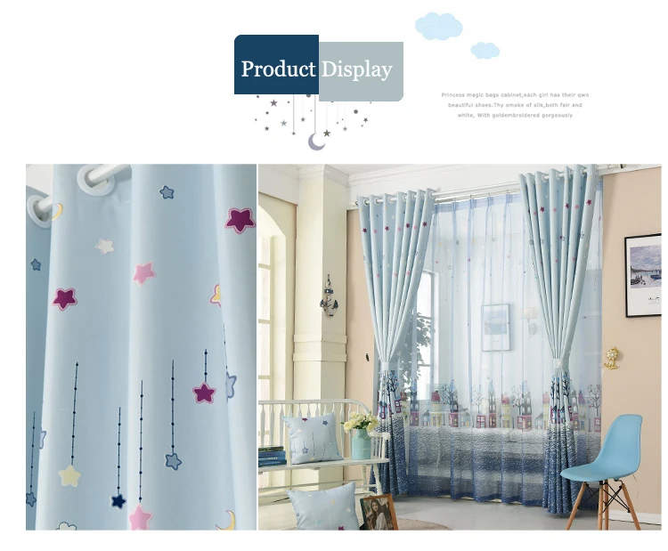 Cartoon Tree Castle Printed Window Curtains for Children Kids Bedroom Living Room Sheer Window Drapes Blue Color