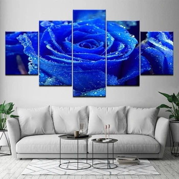 

Modern Wall Art Bedroom Living Room Home Decoration Pictures Modular Picture 5 Piece blue Rose Flower HD Printed Canvas Painting
