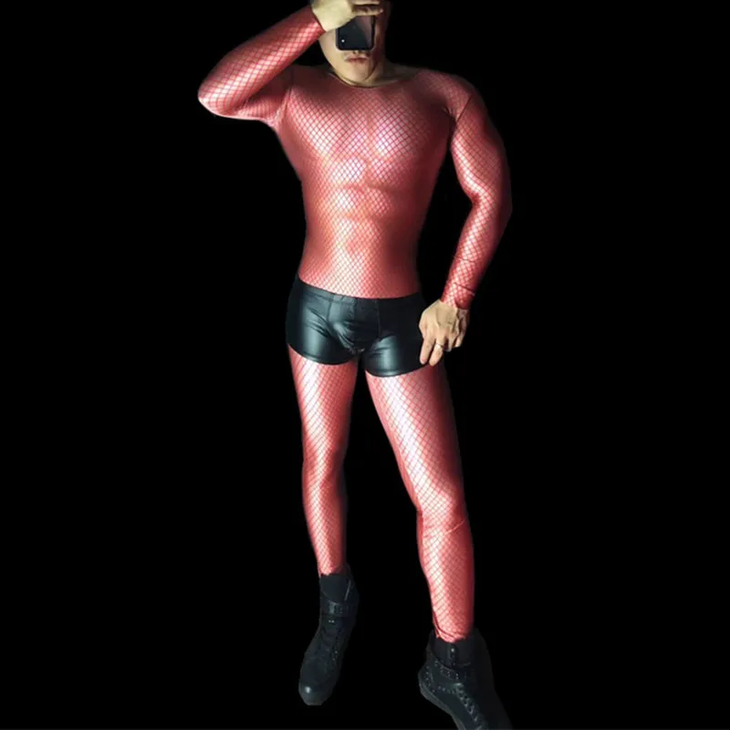 

Комбинезон мужской из спандекса, пикантная одежда для сцены, ночного клуба, DJ Singer, костюм для танца на пилоне Bar, Performance, с сетчатым принтом, стрейч-комбинезоны