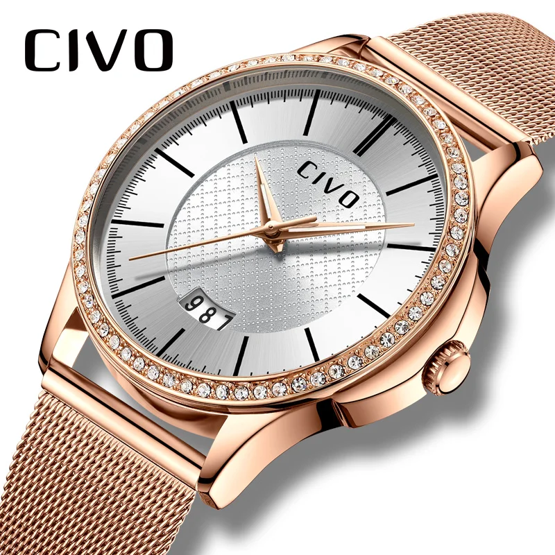 CIVO Slim Gold Mesh Stainless Steel Womens Watches Luxury Casual