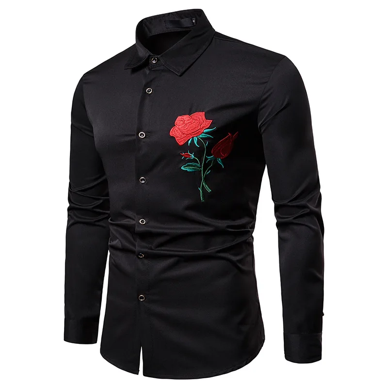 Ретро цветочные рубашки Для мужчин новый 2018 Роскошные розы платье с вышивкой с длинными рукавами Chemise Homme социальных уличная гавайская