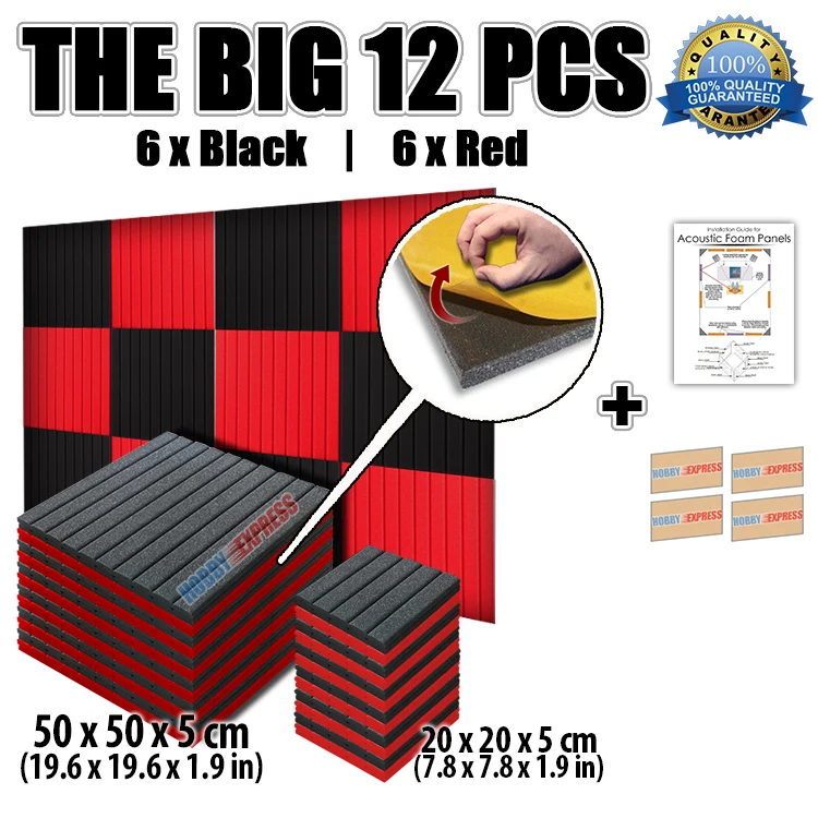 Koop Arrowzoom Platte Wig Adhesive Akoestische Studio Panel Geluid Absorberende Foam Tegels 12 stks Rood en Zwart Set KK1054