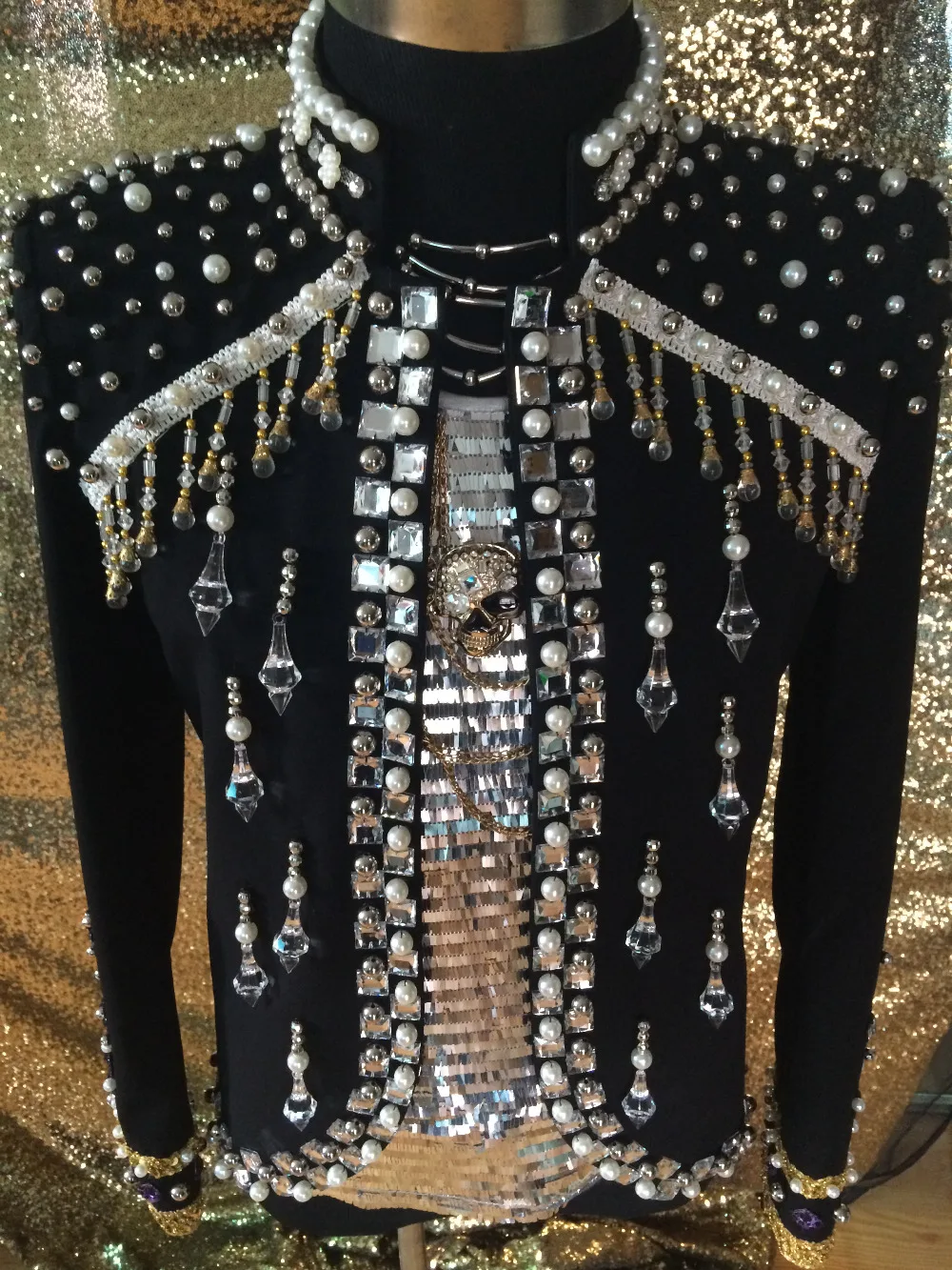 Haute qualité mâle slim perles strass performance tenue veste star