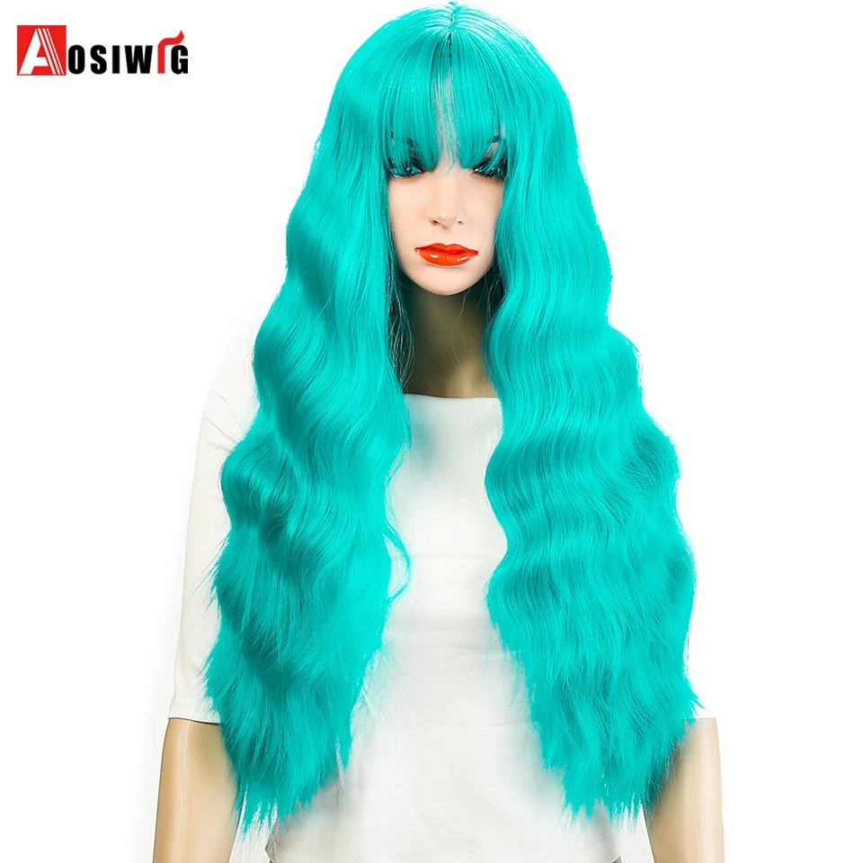AOSIWIG Green Pink Blue Long Curly Wig Synthetic Cosplay