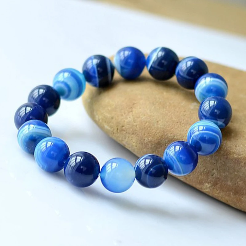 MOROW Charm Natural Stone Bracelets High Quality Sea Blue Agates Round Beads Fashion Yoga Elastic Rope Bracelet for Womens Mens (9)