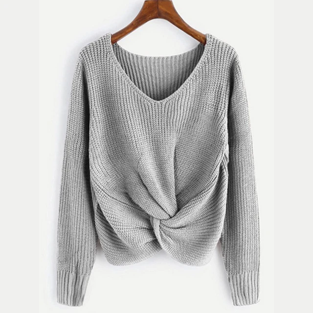 Sleeve Solid Color V-neck Sweater 1