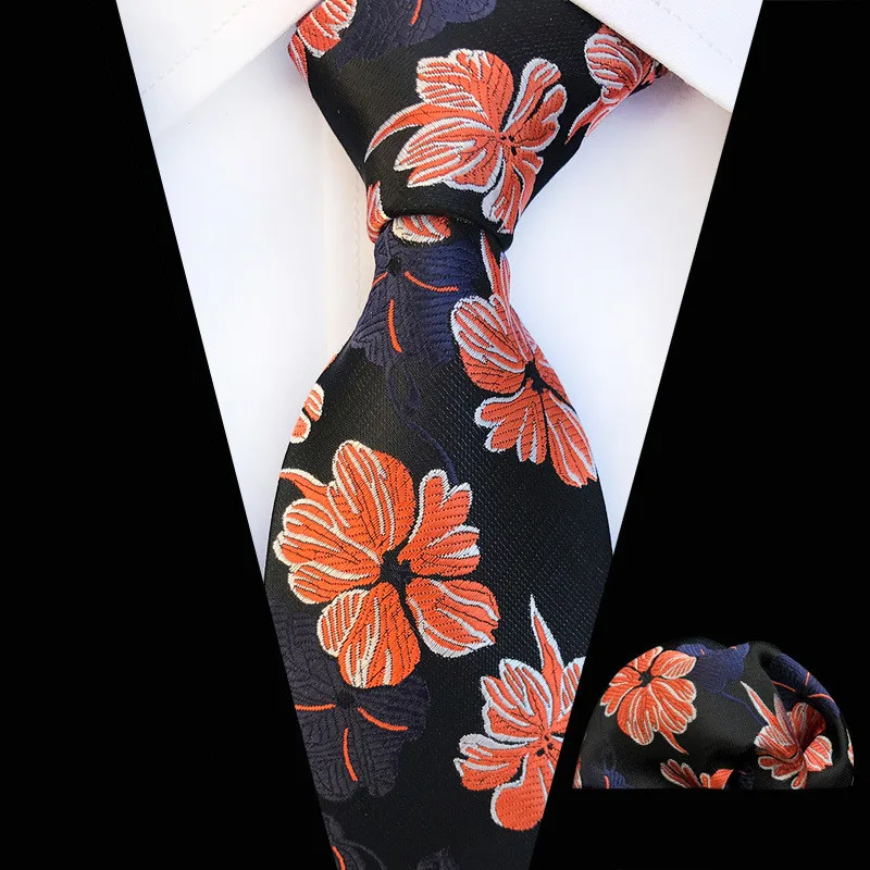 

Navy Orange Men Fashion Floral Check Plaid Stripe Silk Tie Set Party Wedding Pocket Square Woven Tie Necktie Handkerchief Set