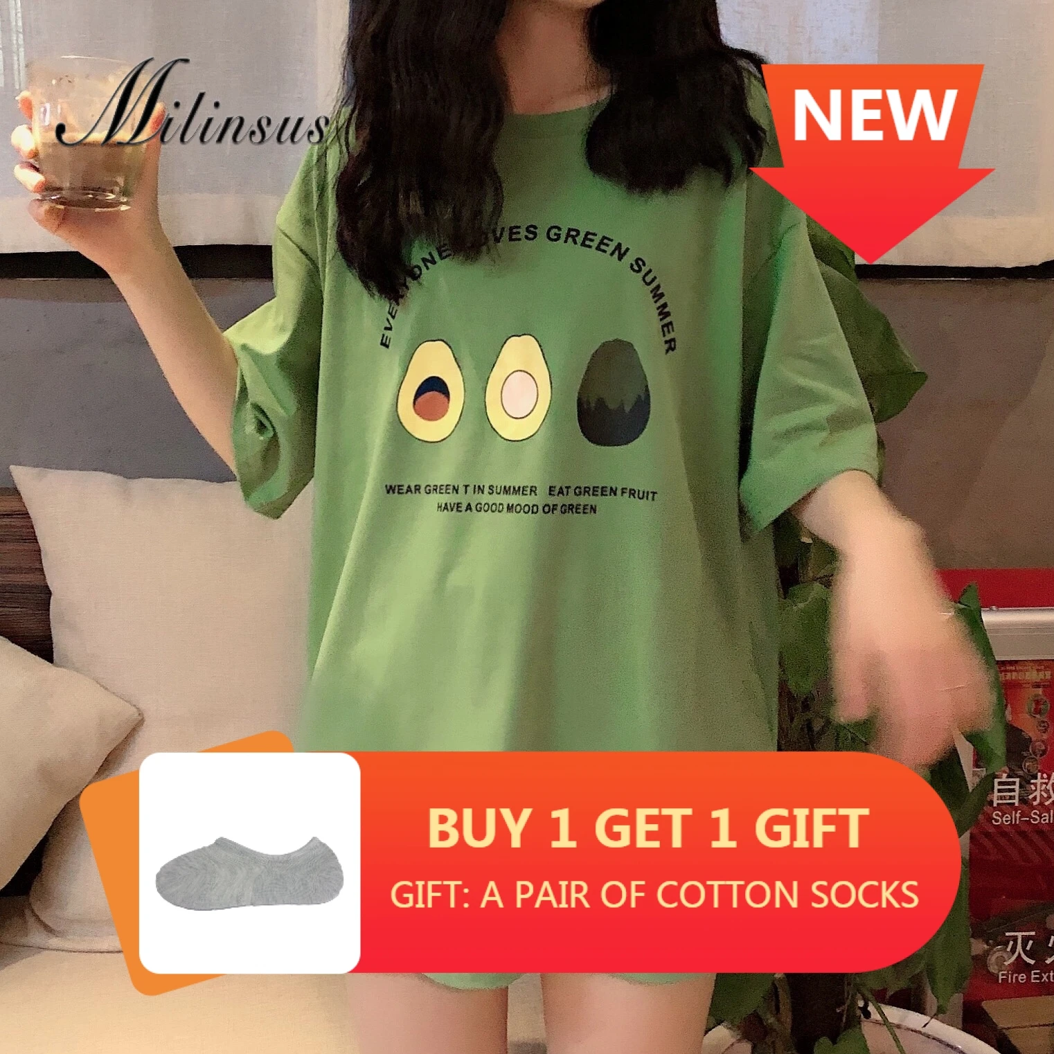 

2019 Summer Women Green T-shirts Avocado Print Graphic T Shirts Harajuku Oversized Short Sleeve New Fashion Tops Ulzzang