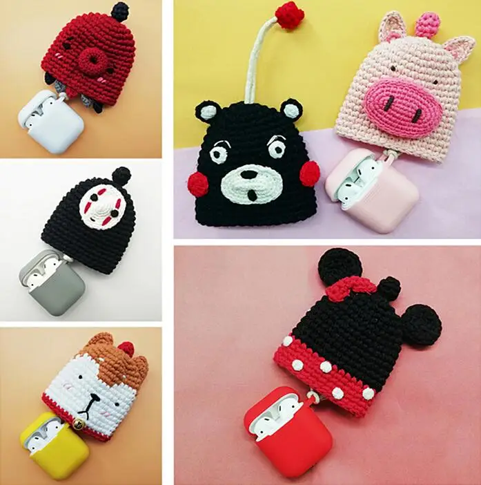 Cartoon Woolen Case for AirPods with Annti lost Strap Protective Knitted Earphone Cover Wireless Headphone Charger Silicone Bag