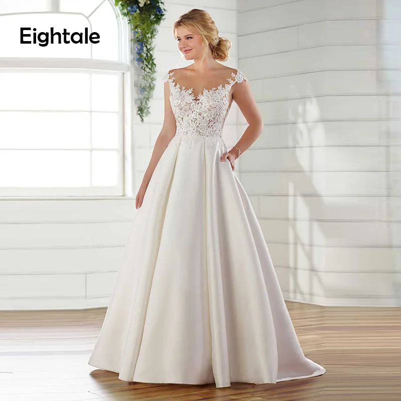 

Eightale Simple Wedding Dress with Pocket Scoop A-Line Appliques Satin Bridal Dress Illusion Neckline Wedding Gown vestido novia